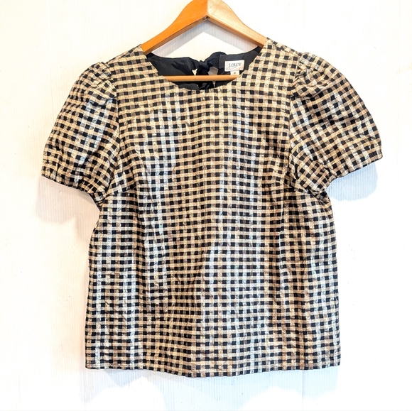 J. Crew Tops - J. CREW Women's Black and Gold Gingham Blouse Holiday Size Medium